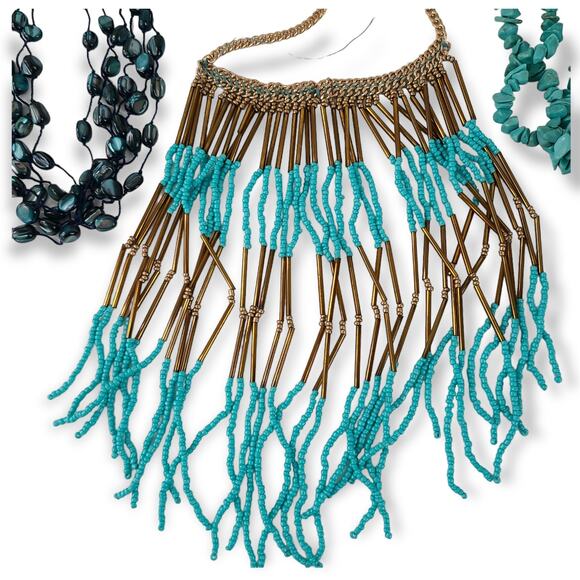 Lot 4 boho style multistrand necklaces glass beads shell turquoise - Picture 5 of 6
